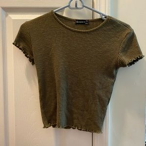 green ribbed tee with lettuce hem